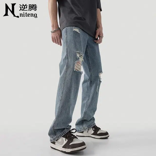 逆腾 美式高街破洞直筒牛仔裤 男款 蓝色