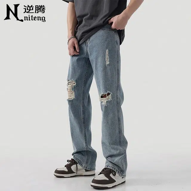 逆腾 美式高街破洞直筒牛仔裤 男款 蓝色