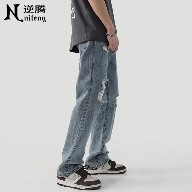 逆腾 美式高街破洞直筒牛仔裤 男款 蓝色