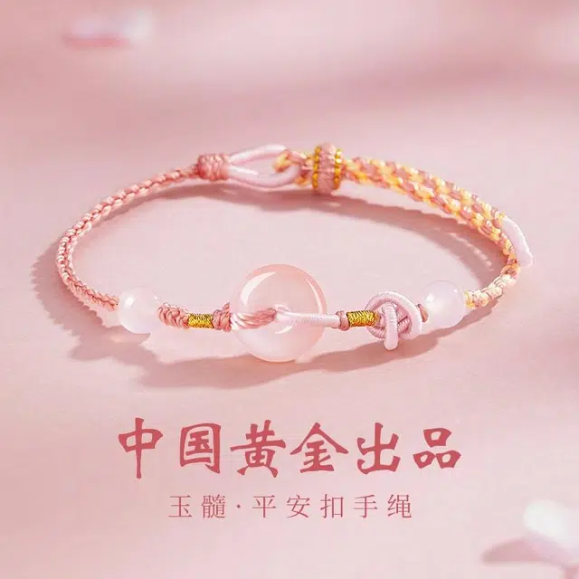 【旺桃花】中国黄金 央创时尚 桃花粉平安扣 古风新中式可爱百搭 清新日常小众设计扣圆满天然 玉髓 玉石手绳 女款