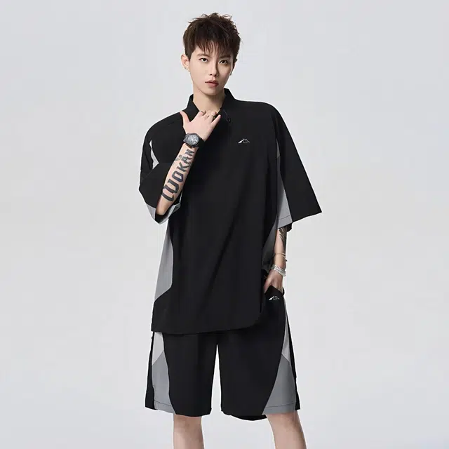 赛琪 美式复古高街舒适时尚简约拼接拼色短袖宽松百搭潮流透气系带短裤休闲运动套装 男女同款