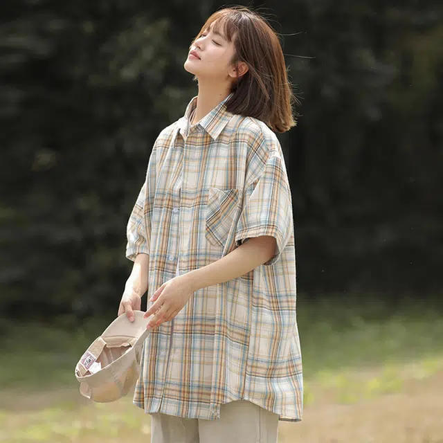 吾皇猫 美式复古日系学院风高街经典格子衬衣潮流潮牌休闲宽松百搭舒适透气高级感痞帅工装短袖衬衫 男女同款 黄色格纹