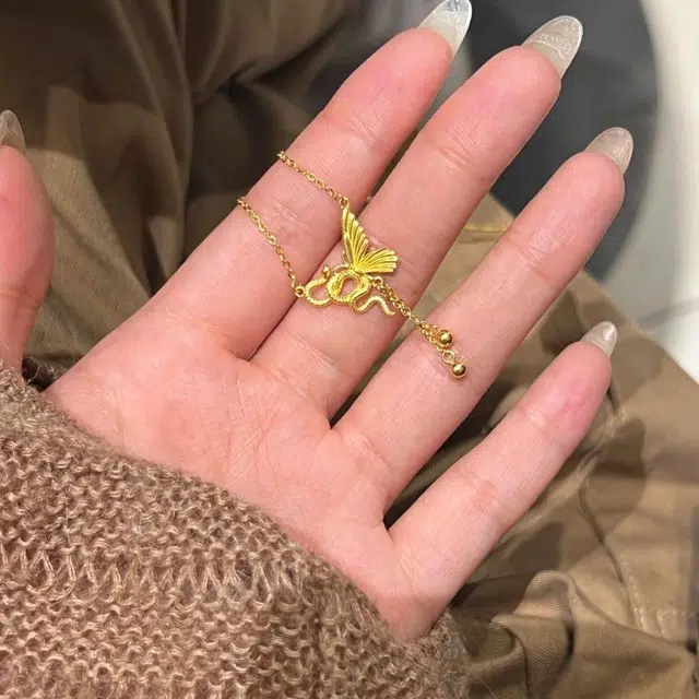 尚银福 灵蛇与蝶 森系小清新时尚优雅气质轻奢高级感 国潮新中式简约小众创意设计百搭锁骨链 合金 项链 女款