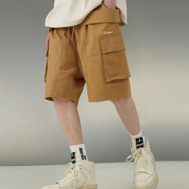 卡皮巴拉小黄豚 美式高街复古宽松机能户外简约纯色嘻哈街头阔腿纯棉休闲抽绳松紧五分中腰工装短裤 男女同款