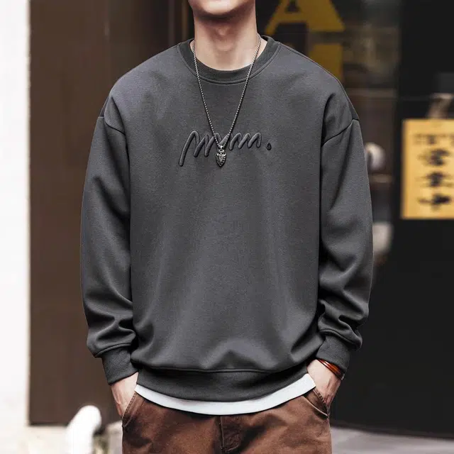 格蓝鹿 休闲绣花圆领长袖落肩袖卫衣 男款