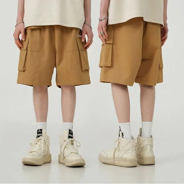 卡皮巴拉小黄豚 美式高街复古宽松机能户外简约纯色嘻哈街头阔腿纯棉休闲抽绳松紧五分中腰工装短裤 男女同款