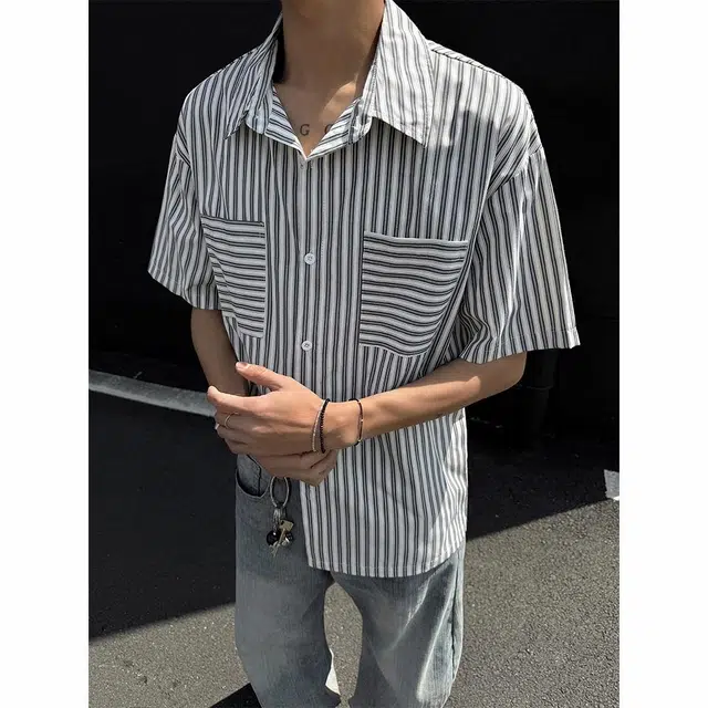 绘承 条纹基础款百搭宽松大码休闲薄款透气翻领短袖衬衫 男女同款