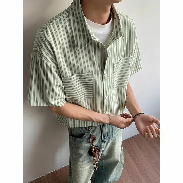 绘承 条纹基础款百搭宽松大码休闲薄款透气翻领短袖衬衫 男女同款