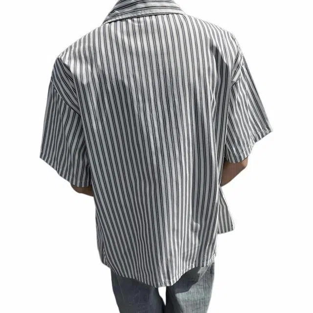 绘承 条纹基础款百搭宽松大码休闲薄款透气翻领短袖衬衫 男女同款