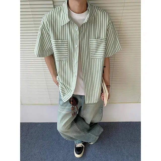 绘承 条纹基础款百搭宽松大码休闲薄款透气翻领短袖衬衫 男女同款