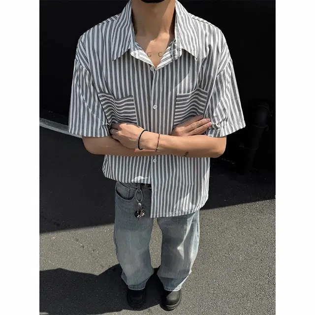 绘承 条纹基础款百搭宽松大码休闲薄款透气翻领短袖衬衫 男女同款