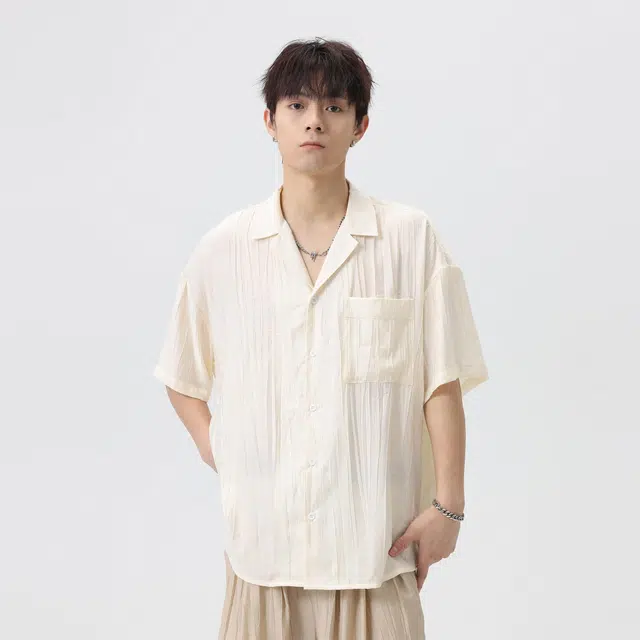 稻草人 纯色纽扣翻领透气百搭宽松短袖衬衫 男女同款