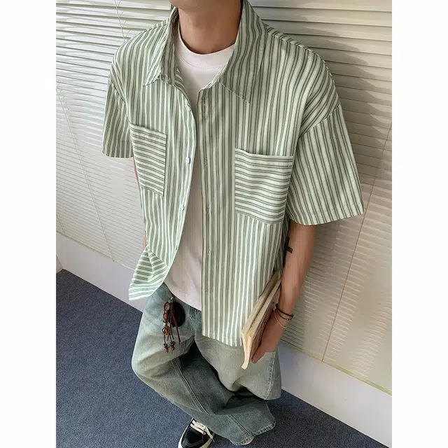 绘承 条纹基础款百搭宽松大码休闲薄款透气翻领短袖衬衫 男女同款