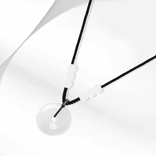 牧言 平安扣 复古新中式简约小众设计高级感 立体圆润镂空圆环圆珠编织黑绳锁骨链好运 白玉菩提 项链 男女同款情侣款