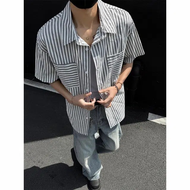 绘承 条纹基础款百搭宽松大码休闲薄款透气翻领短袖衬衫 男女同款