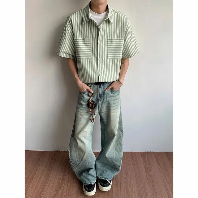 绘承 条纹基础款百搭宽松大码休闲薄款透气翻领短袖衬衫 男女同款