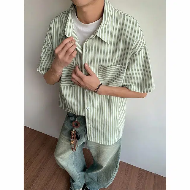 绘承 条纹基础款百搭宽松大码休闲薄款透气翻领短袖衬衫 男女同款