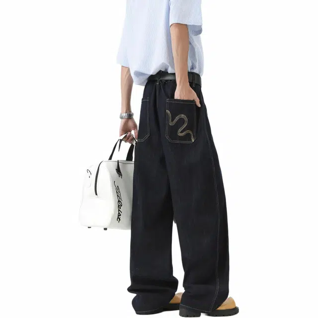 沃马 美式高街弯刀水洗做旧废土风高级感时尚百搭重工舒适亲肤透气牛仔裤 男女同款 深蓝色