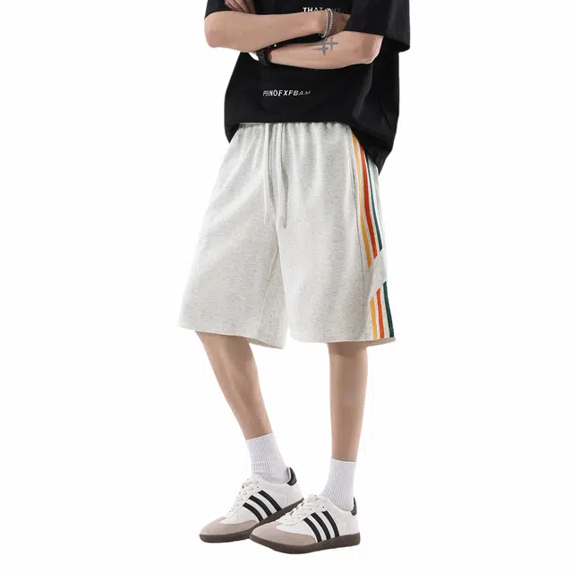 哲源 美式高街基础款日常通勤潮牌痞帅百搭中腰宽松系带纯色条纹适中五分休闲短裤 男女同款