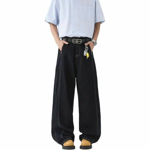 沃马 美式高街弯刀水洗做旧废土风高级感时尚百搭重工舒适亲肤透气牛仔裤 男女同款 深蓝色