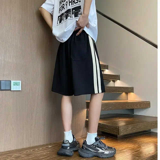 宾力克 美式复古白底抽绳设计日常户外运动百搭宽松舒适透气五分中腰休闲短裤 男女同款