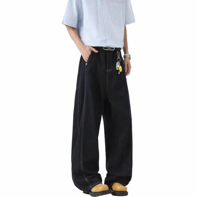 沃马 美式高街弯刀水洗做旧废土风高级感时尚百搭重工舒适亲肤透气牛仔裤 男女同款 深蓝色