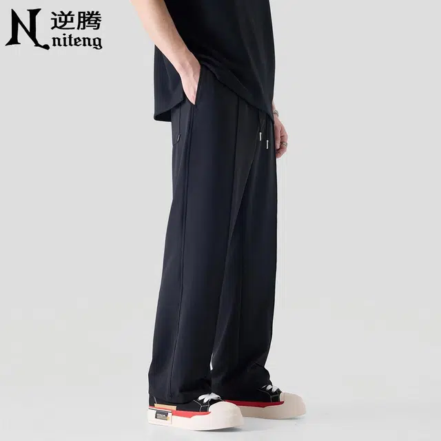 逆腾 潮牌纯色垂感直筒阔腿休闲裤 男款 黑色