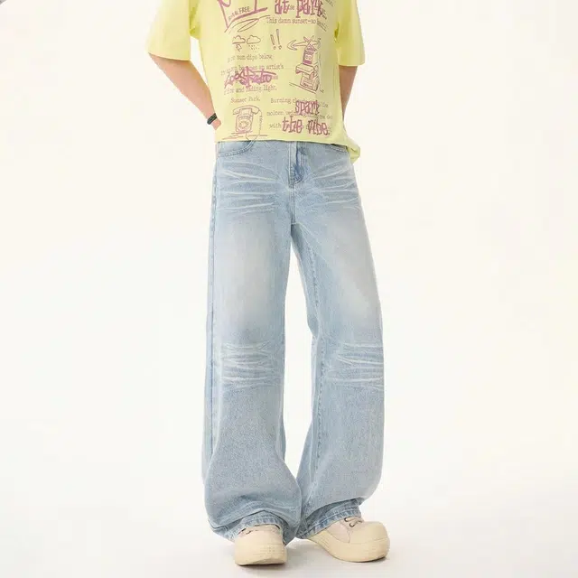 绘承 美式复古高街潮牌休闲宽松百搭牛仔裤 男女同款 水洗蓝
