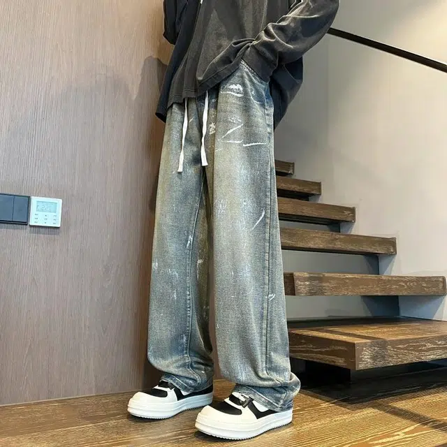 加荣 潮牌痞帅炸街微喇阔腿裤水洗做旧高街休闲青少年帅气直筒宽松长裤高级感大码裤子美式复古牛仔裤 男女同款