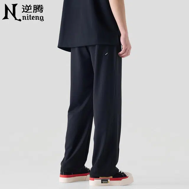 逆腾 潮牌纯色垂感直筒阔腿休闲裤 男款 黑色