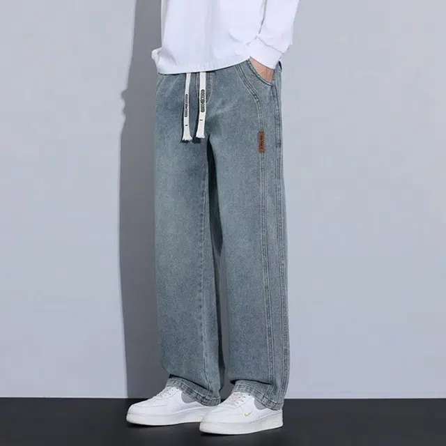 羽浅 美式复古刺绣系带抽绳做旧垂感宽松直筒牛仔裤 男女同款