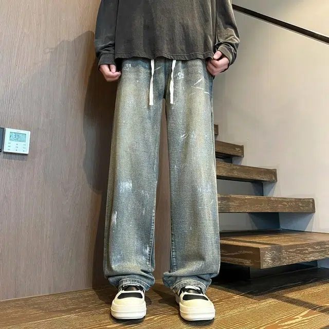 加荣 潮牌痞帅炸街微喇阔腿裤水洗做旧高街休闲青少年帅气直筒宽松长裤高级感大码裤子美式复古牛仔裤 男女同款