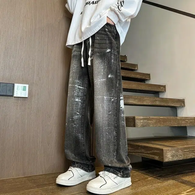 加荣 潮牌痞帅炸街微喇阔腿裤水洗做旧高街休闲青少年帅气直筒宽松长裤高级感大码裤子美式复古牛仔裤 男女同款