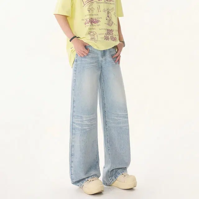 绘承 美式复古高街潮牌休闲宽松百搭牛仔裤 男女同款 水洗蓝