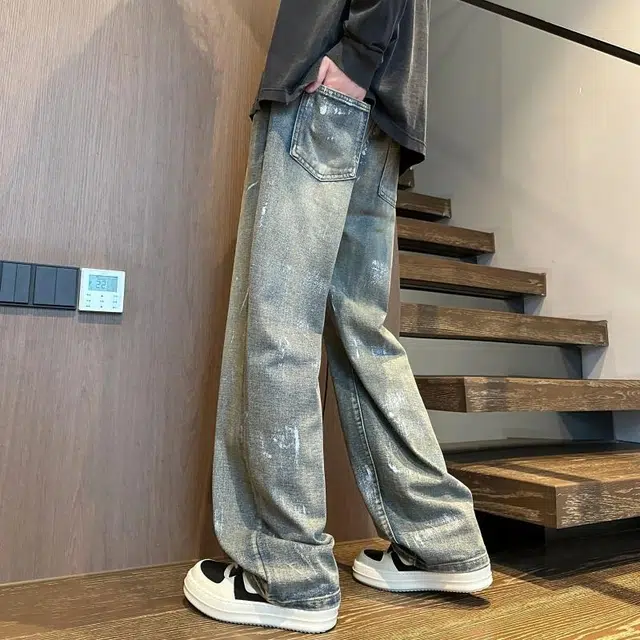 加荣 潮牌痞帅炸街微喇阔腿裤水洗做旧高街休闲青少年帅气直筒宽松长裤高级感大码裤子美式复古牛仔裤 男女同款