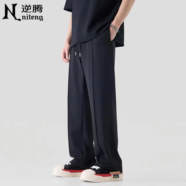 逆腾 潮牌纯色垂感直筒阔腿休闲裤 男款 黑色