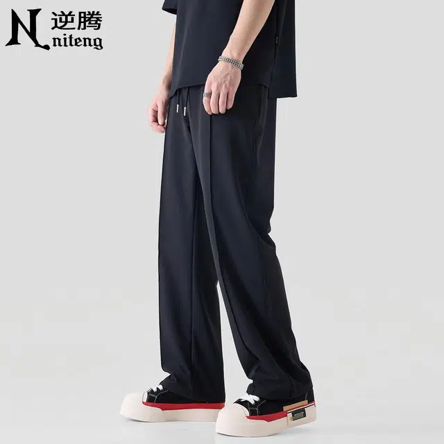 逆腾 潮牌纯色垂感直筒阔腿休闲裤 男款 黑色
