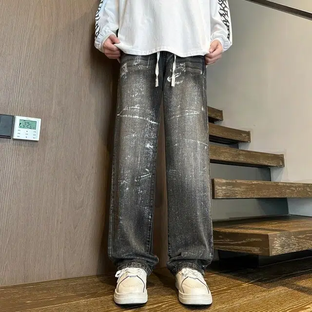 加荣 潮牌痞帅炸街微喇阔腿裤水洗做旧高街休闲青少年帅气直筒宽松长裤高级感大码裤子美式复古牛仔裤 男女同款