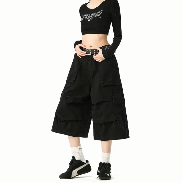 大卫贝肯 美式潮牌七分裤宽松纯色拼接垂感工装短裤 男女同款