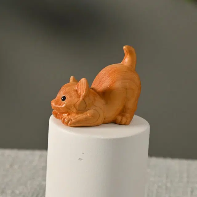 天纵 实木雕刻可爱俏皮猫 招财纳福 中式简约创意文玩手工艺品 崖柏 木作摆件 男女同款情侣款