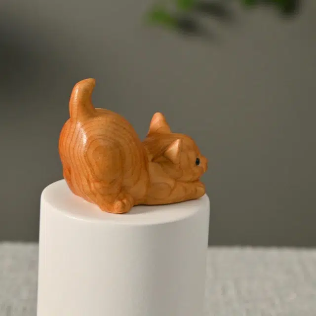 天纵 实木雕刻可爱俏皮猫 招财纳福 中式简约创意文玩手工艺品 崖柏 木作摆件 男女同款情侣款