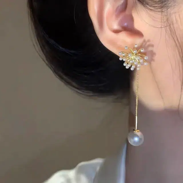 素 铜合金通勤耳钉女新长款珍珠爆米花烟耳坠高级感轻奢耳饰 铜 耳环 女款