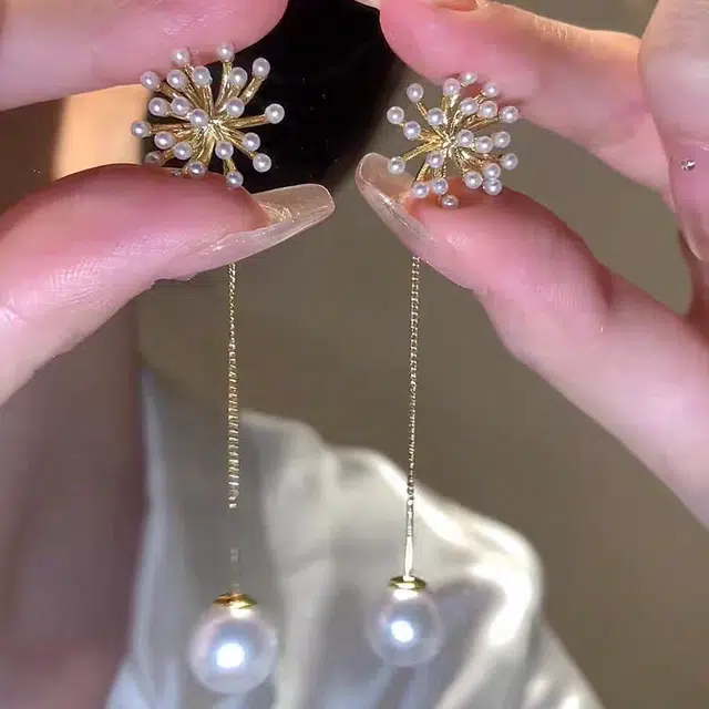 素 铜合金通勤耳钉女新长款珍珠爆米花烟耳坠高级感轻奢耳饰 铜 耳环 女款