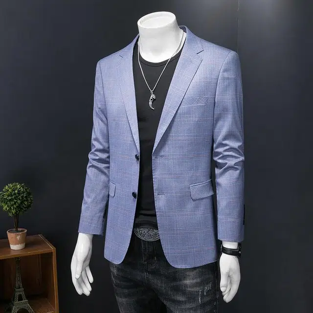 大白鲨 男士休闲西服时尚修身格子单西外套西装 男款 蓝色