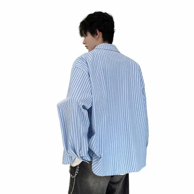 普鲁士多特蒙德 美式复古高街学院风条纹落肩袖设计感港风长袖衬衫 男女同款