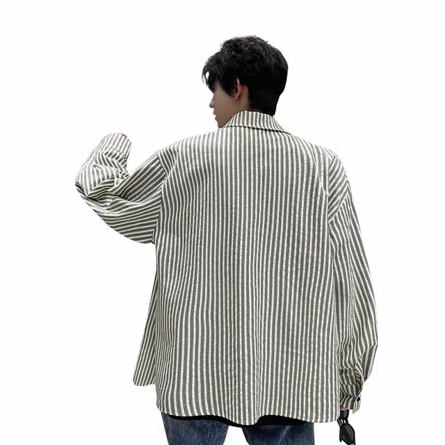 普鲁士多特蒙德 美式复古高街学院风条纹落肩袖设计感港风长袖衬衫 男女同款