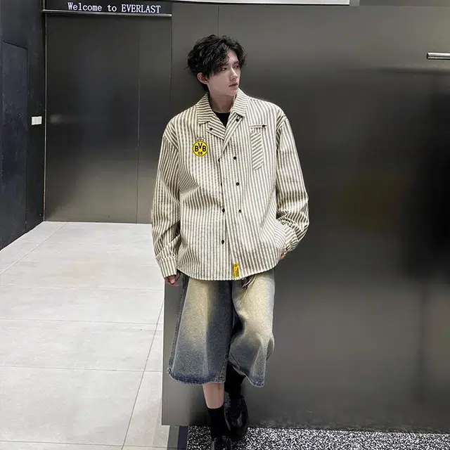 普鲁士多特蒙德 美式复古高街学院风条纹落肩袖设计感港风长袖衬衫 男女同款