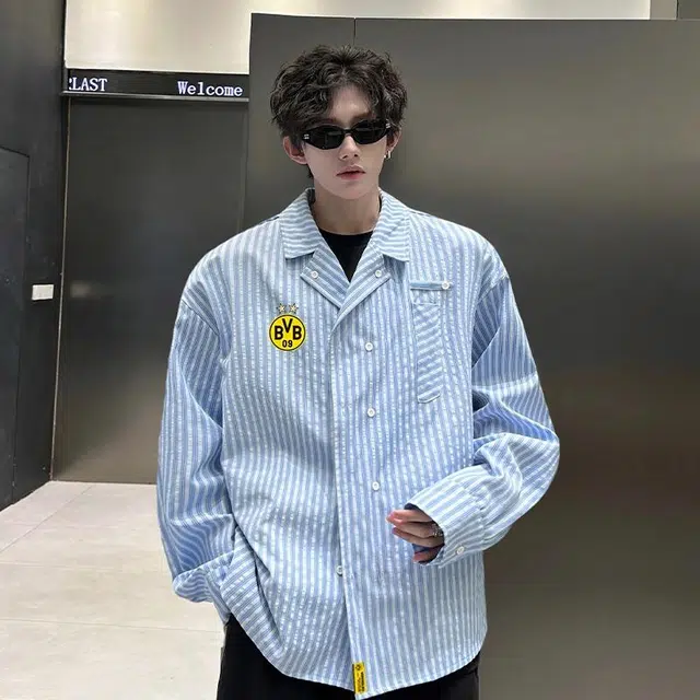 普鲁士多特蒙德 美式复古高街学院风条纹落肩袖设计感港风长袖衬衫 男女同款