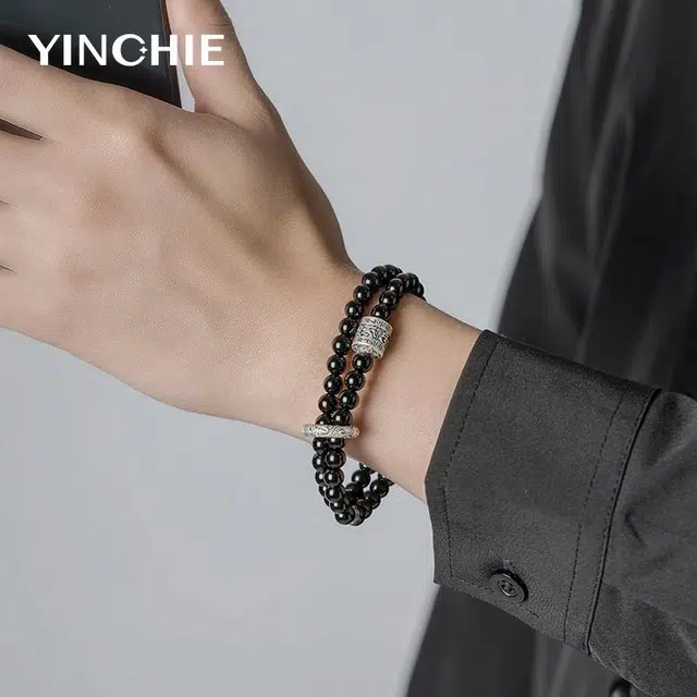 【999足银】 银千惠 心宁长乐 新中式国潮六字箴言双层弹力绳串珠 纯银精工转运珠能量石 可调节绕指柔盘玩把玩念珠 黑曜石 手串 男款