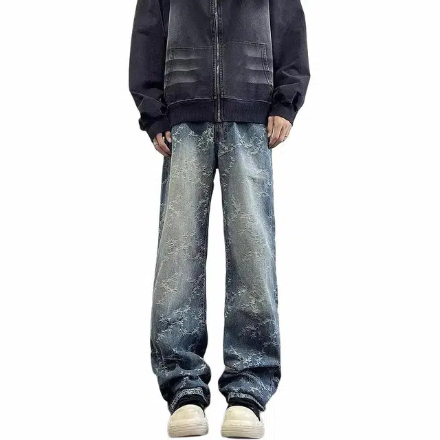 沃马 美式高街水洗做旧舒适亲肤透气牛仔裤 男女同款 蓝色